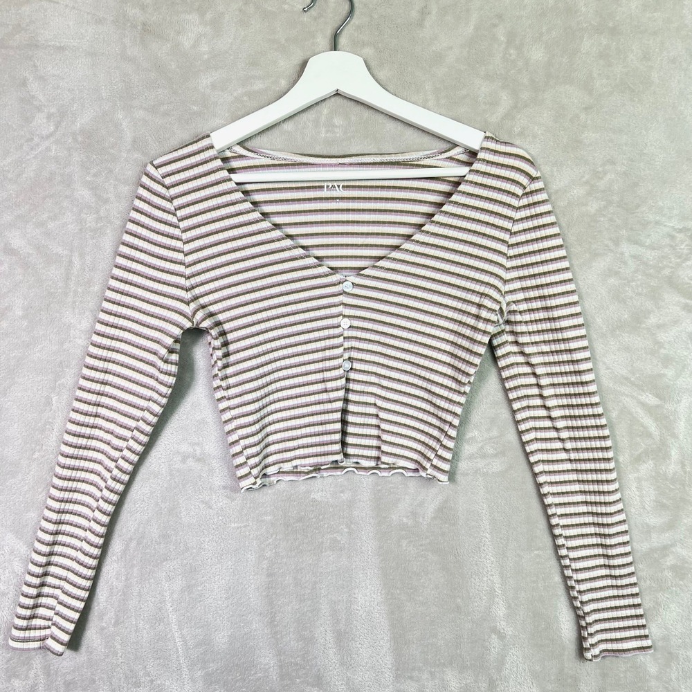 PacSun Y2K Pastel Stripe Ribbed Cropped Lettuce Henley Button Long Sleeve Top M